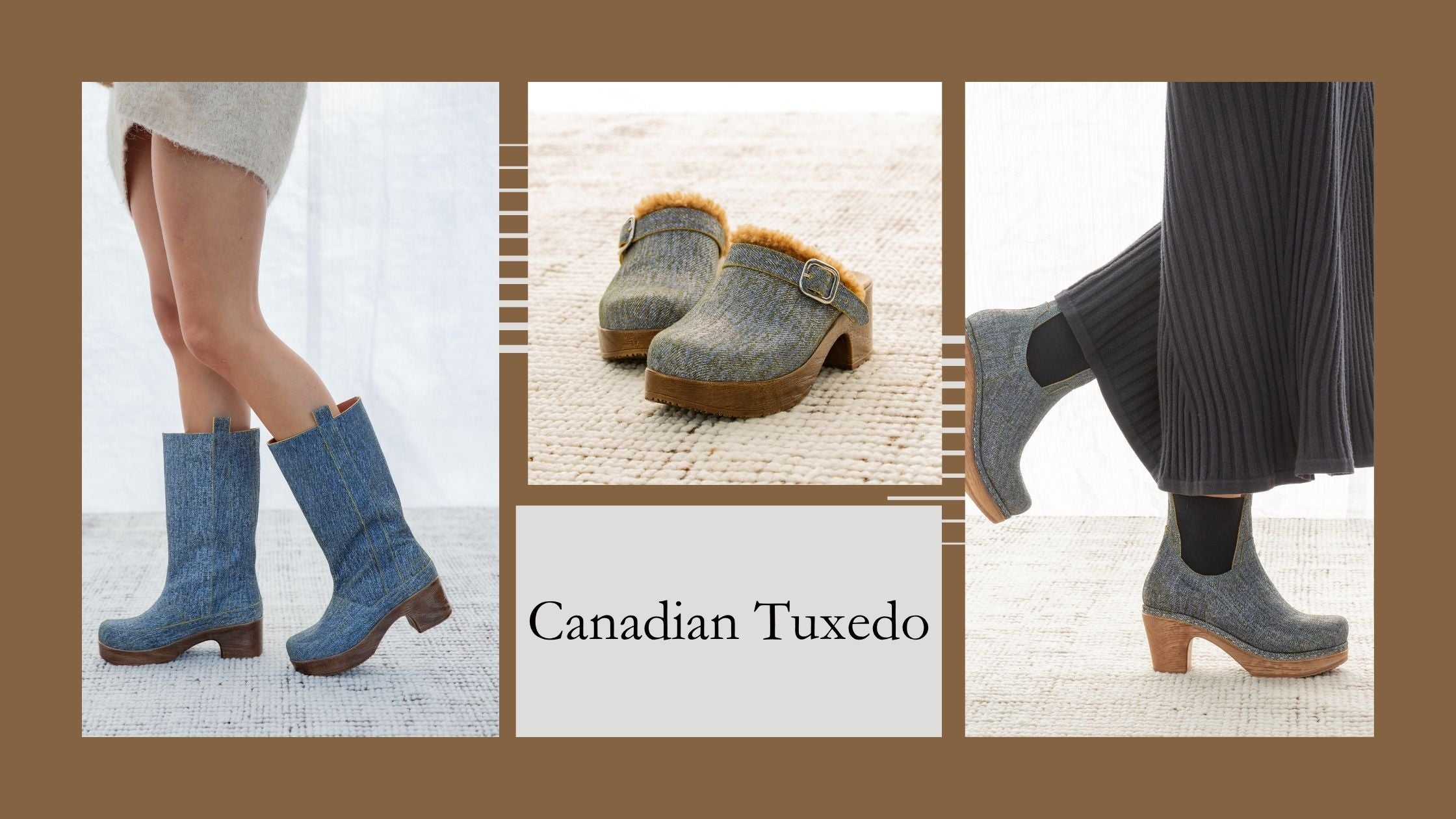 The Canadian Tuxedo is back – top it off with our denim clogs and boots!