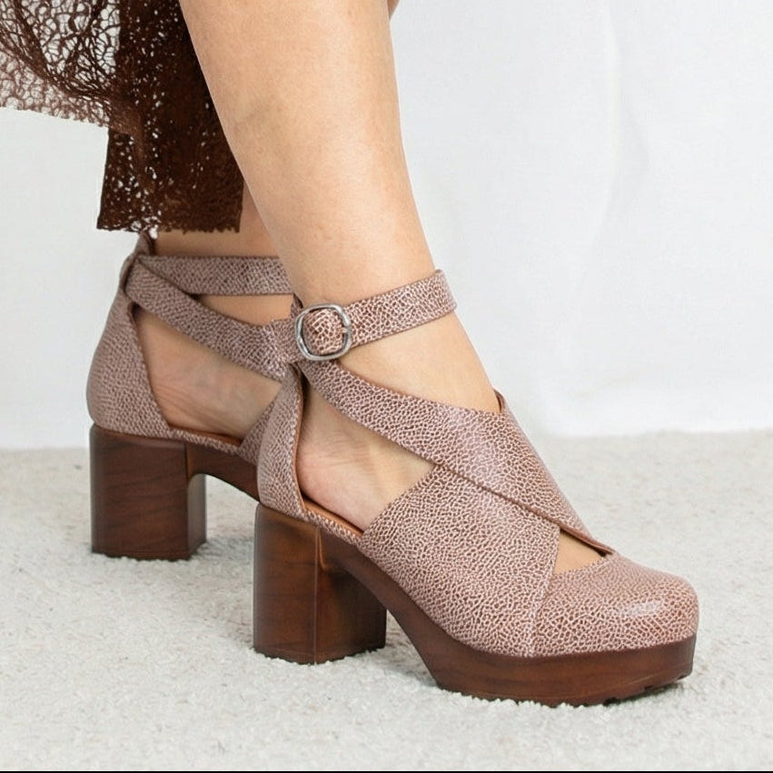 Calou Bea brown cracked leather effect clog shoes with flex-sole on model