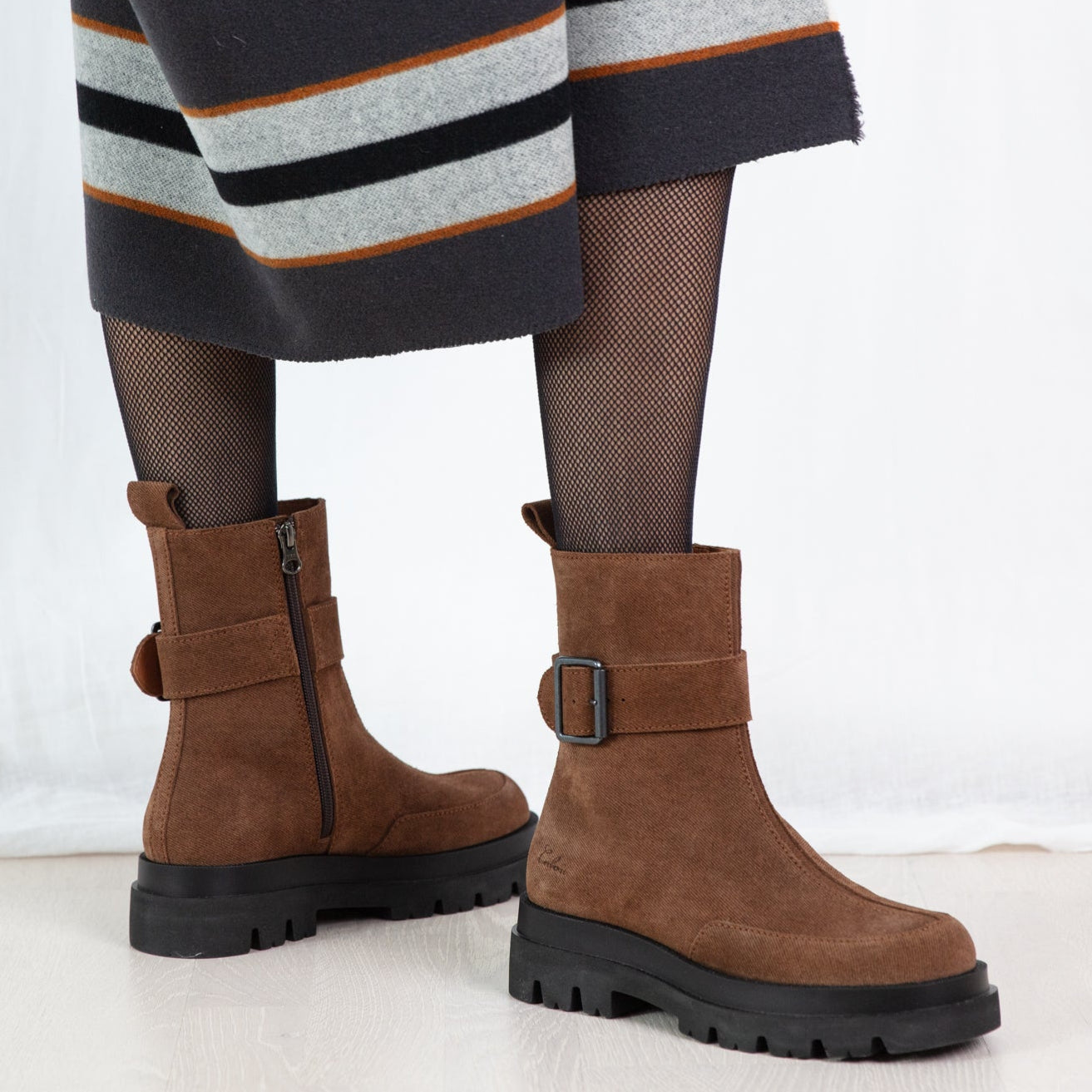 Cecile brown sude boots on model Calou