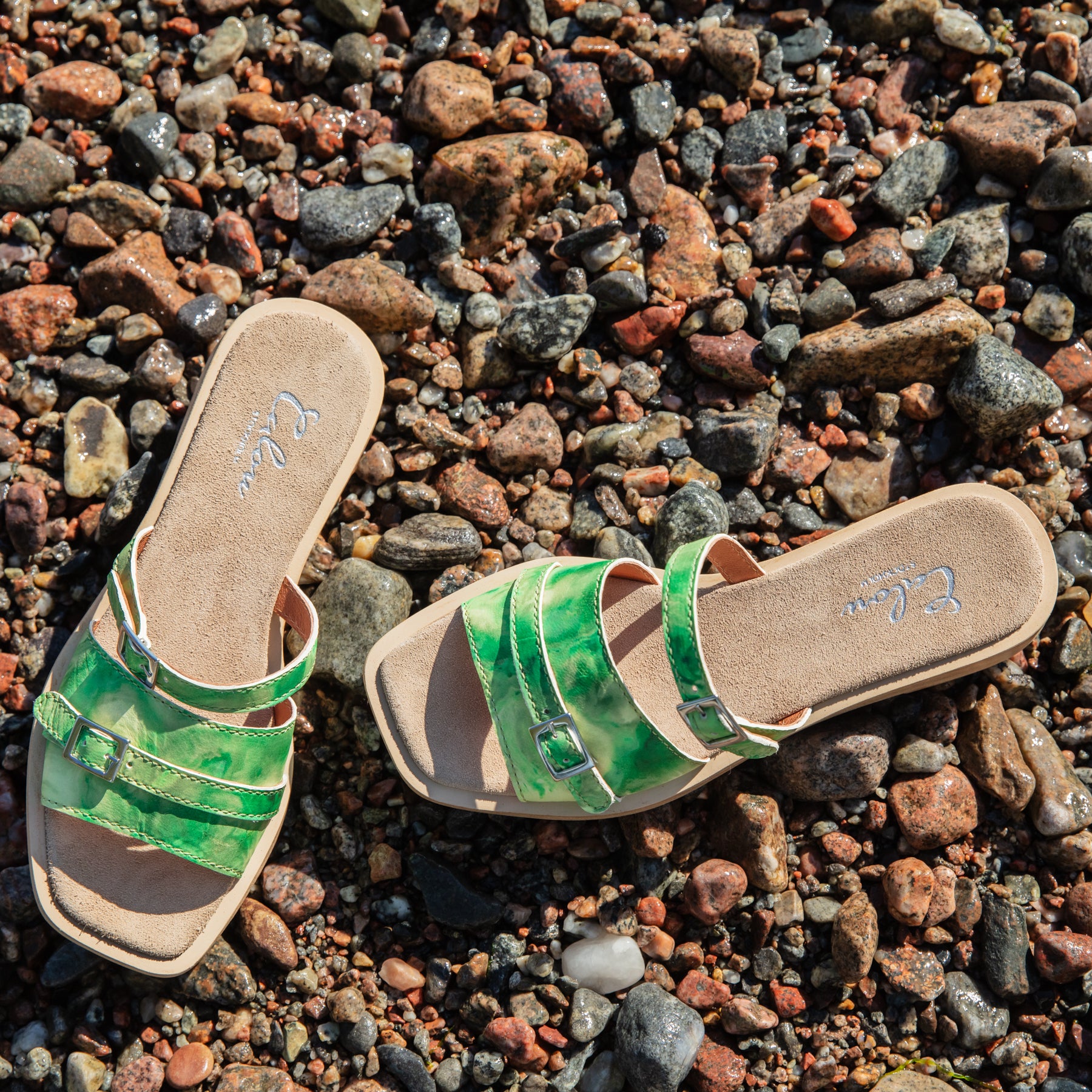 Christa green leather sandals on stones Calou Stockholm