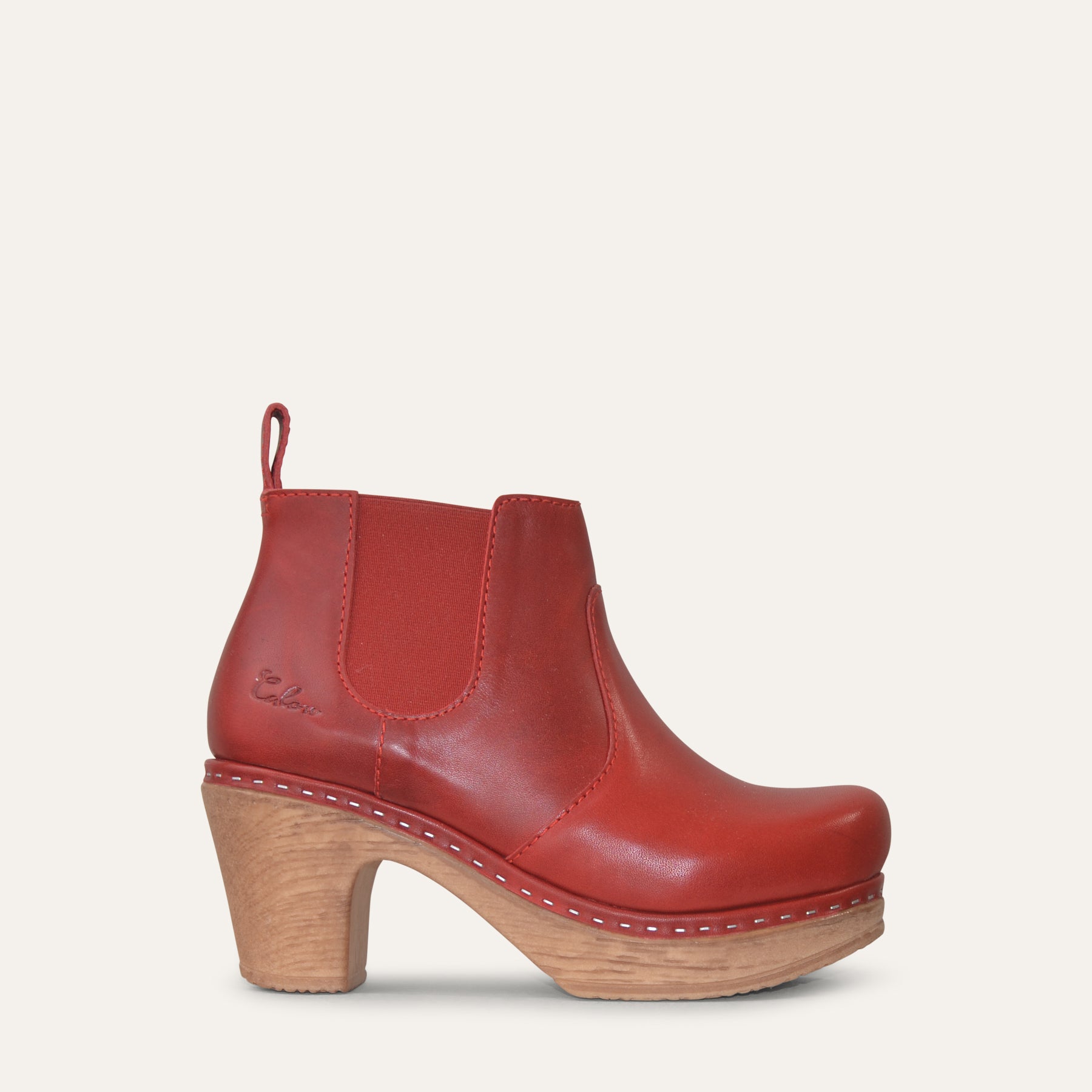 Clog Wooden Heel Ankle Boots Doris Red Leather Clog Boot Wood-Look
