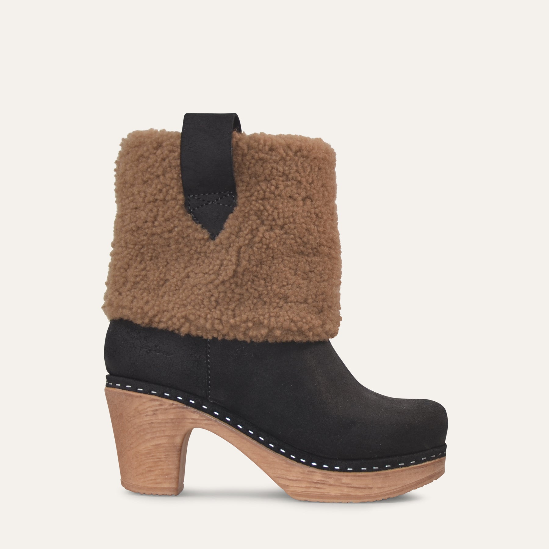 Black clog boot with brown shearling collar on a light gray background