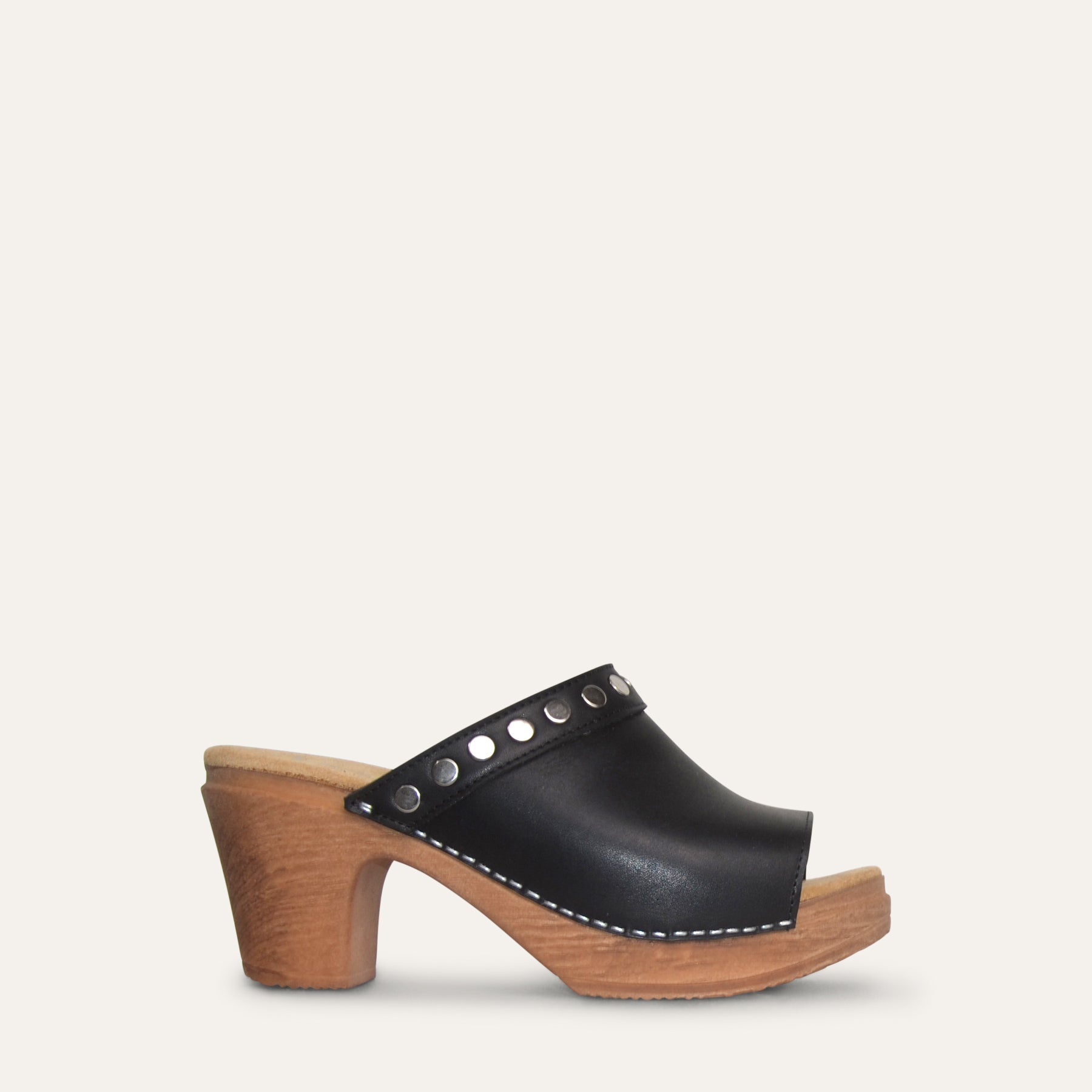 Calou Felicia black clog mule with decorative studs on soft flexible sole