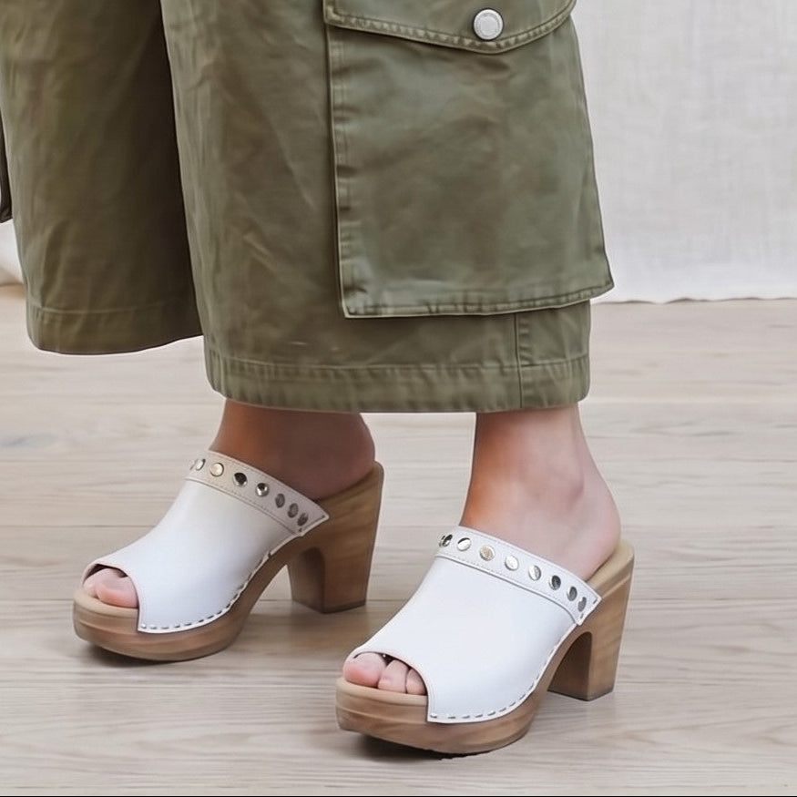 Calou Felicia open toe clogs with decorative studs along opening on flexible soft soles