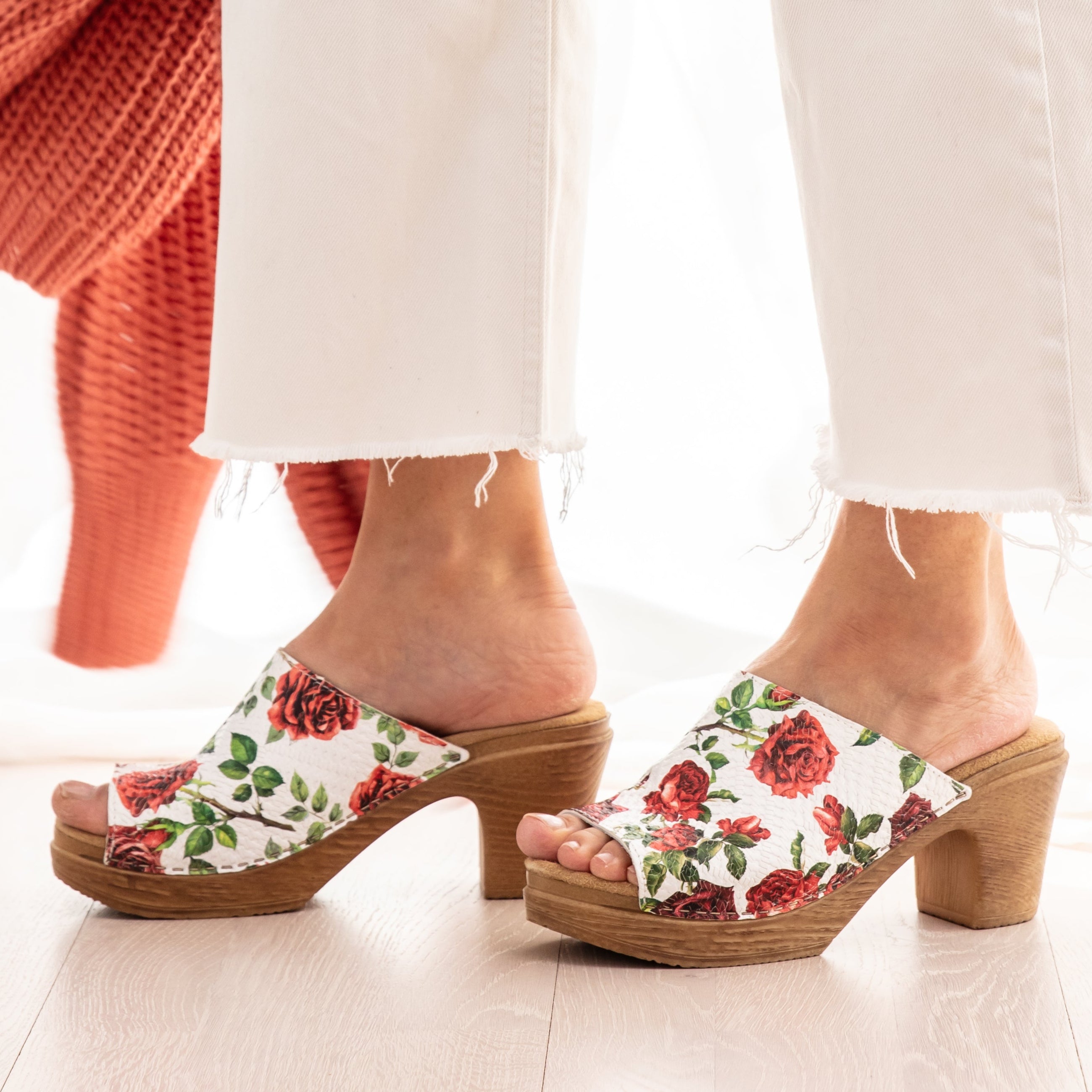 Frida rose printed leather clog sandal on model calou stockholm