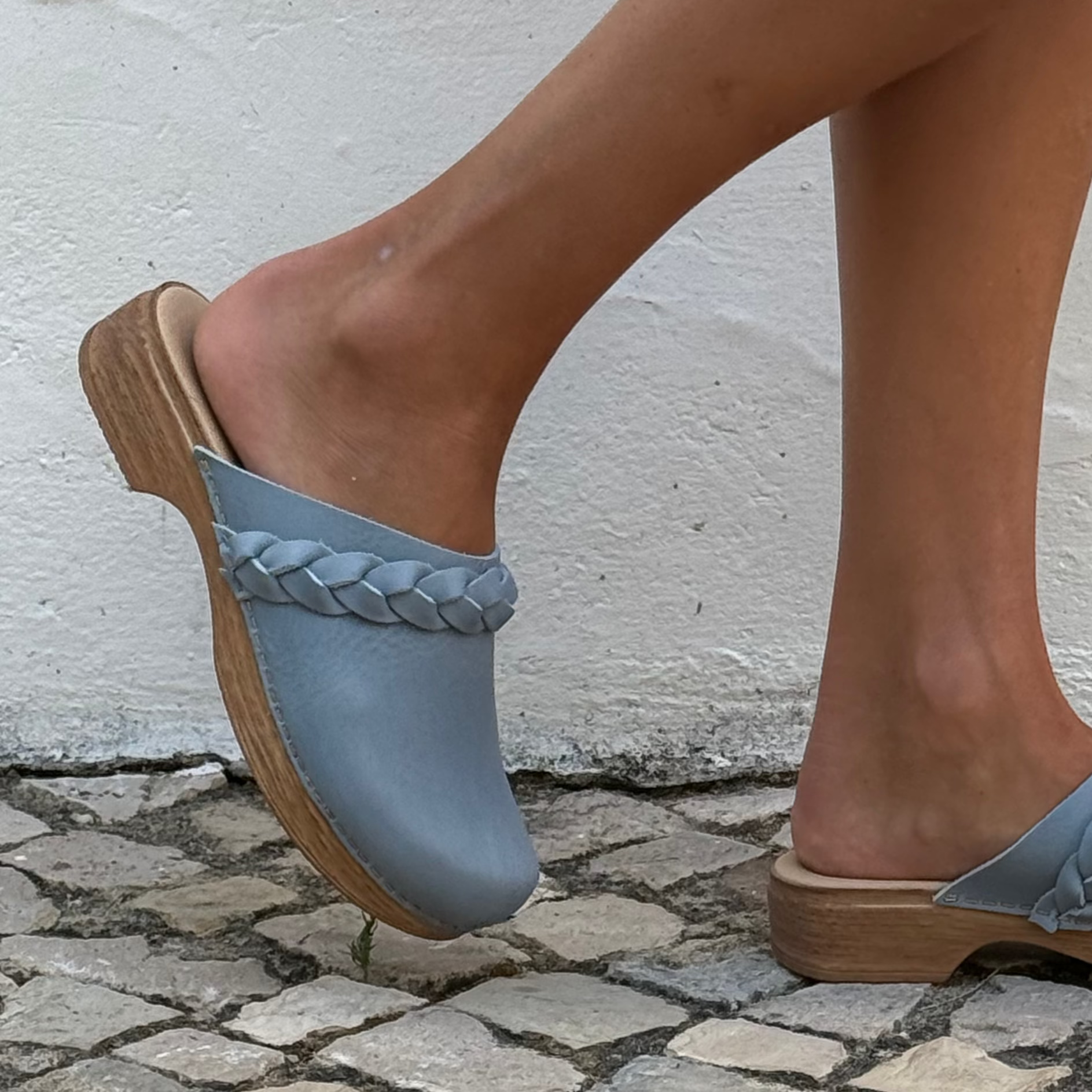 Calou blue leather clogs with braided detail on soft flexible soles