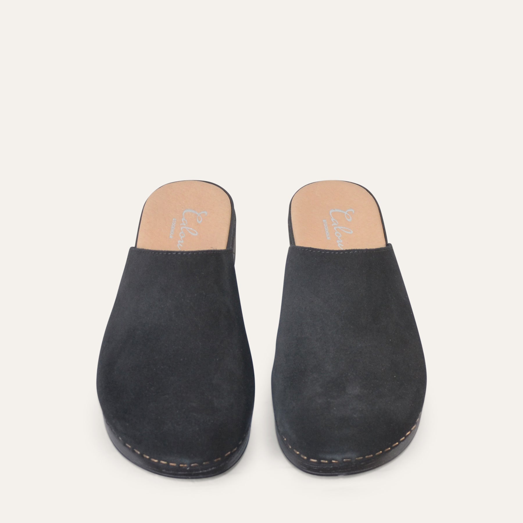 Helena black suede classig clogs low heel, Calou Stockholm