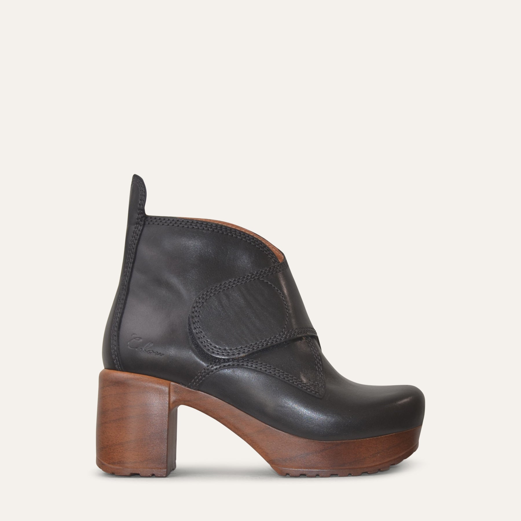 Ingela Black Leather Boot Velcro Strap Calou Clogs