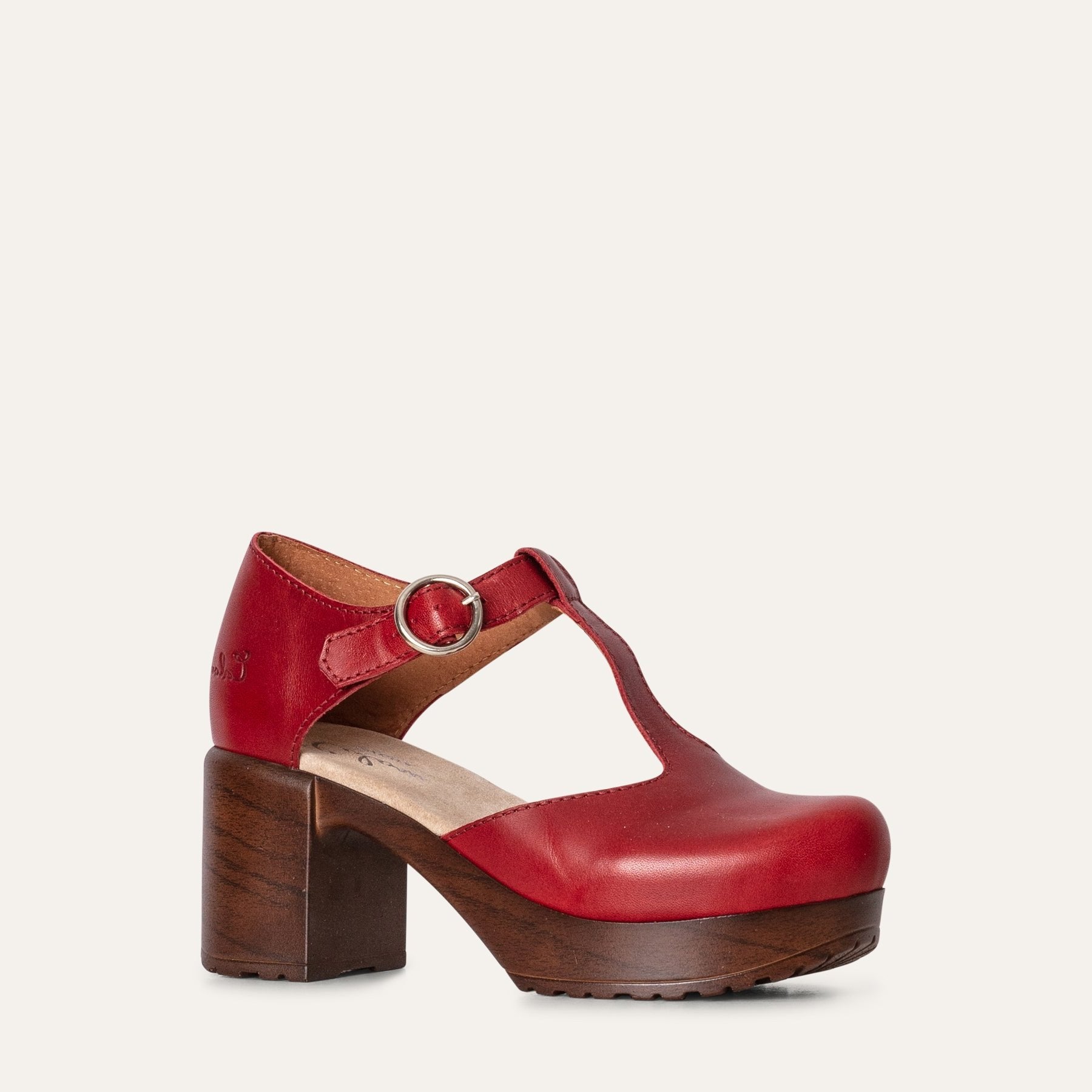 Kerstin red leather T-strap clog shoe, Calou stockholm