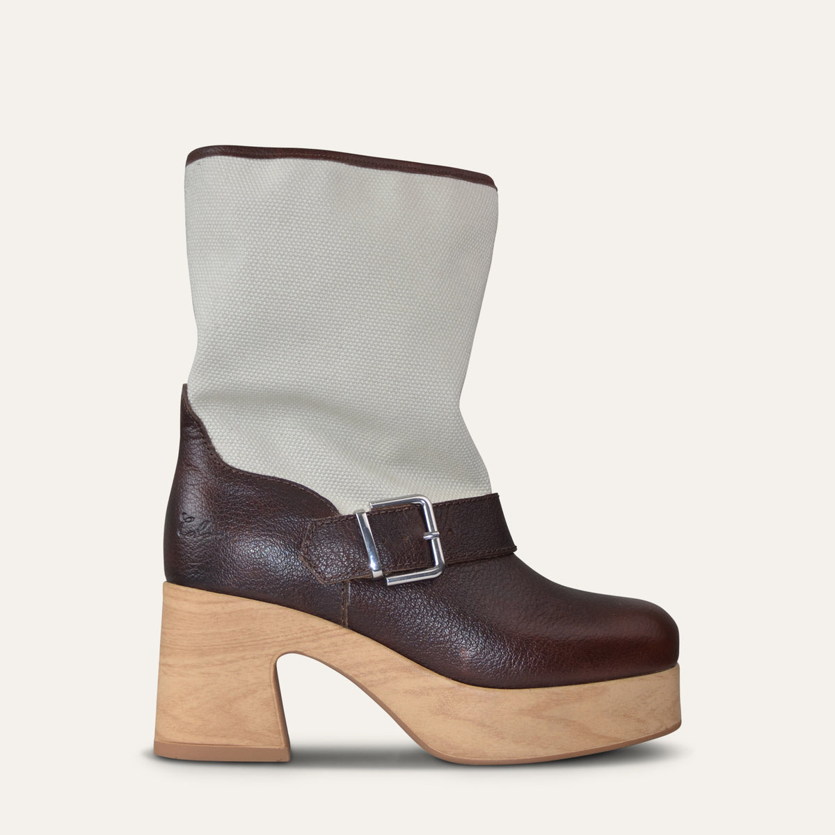 Brown grained leather Calou Naomi platform boot with ecru textile shaft, ankle buckle and 8 cm wooden-look heel, side view