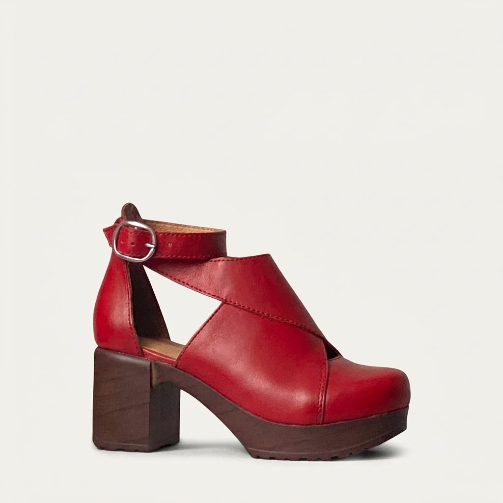 Calou Bea red leather clog with ankle strap on soft flexible sole