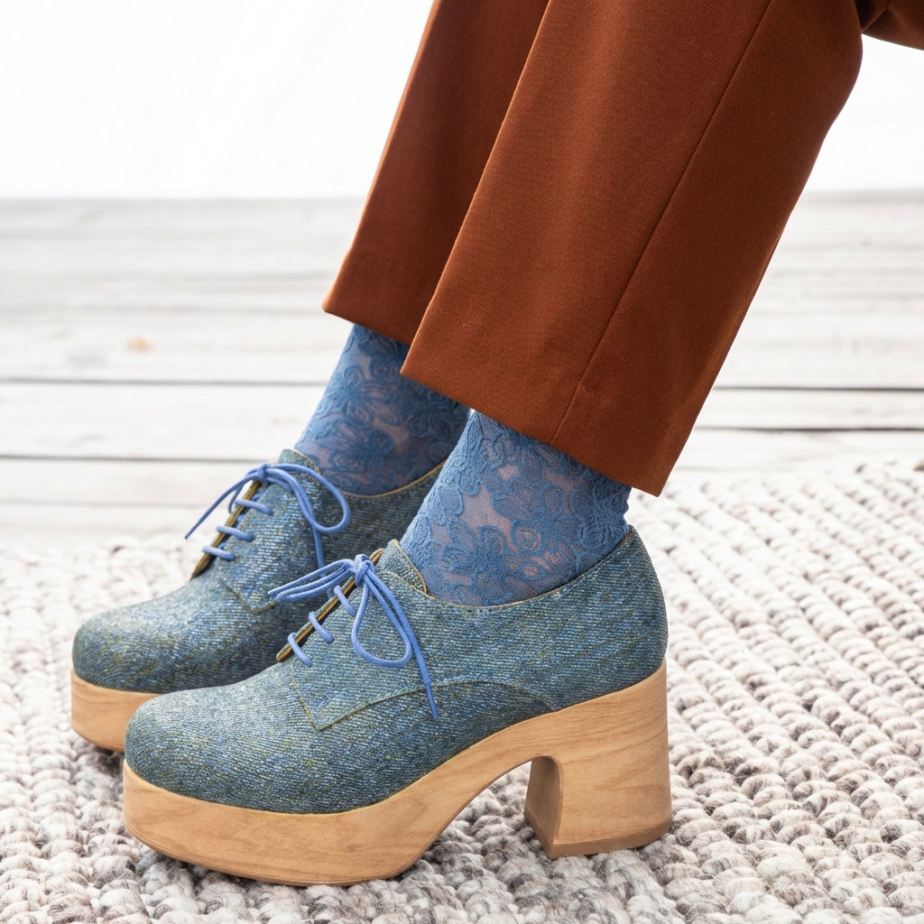 Calou Britta blue denim structured clog shoes on flexible soles on model