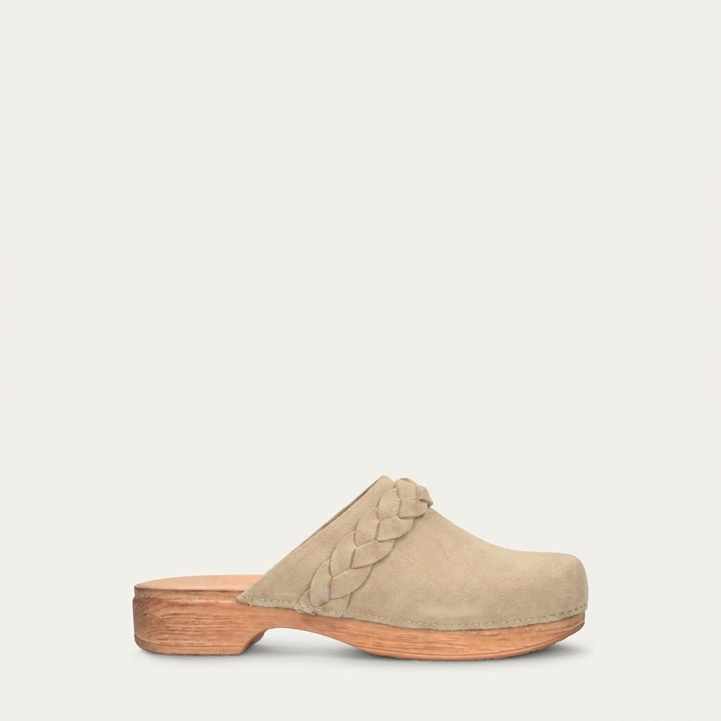 Calou Helena Beige suede clog shoe with soft, flexible sole on a light gray background