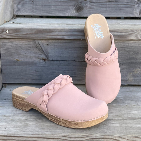Helena Pink leather flat heel slip on clogs, braided  detail