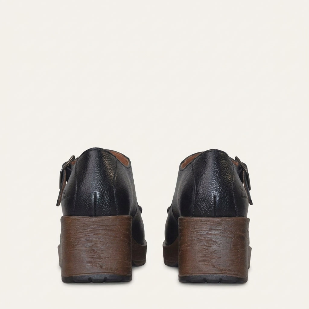 A pair of black leather platform shoes shown from the back, featuring chunky brown wooden-look platform heels and small side straps, set against a plain off-white background.