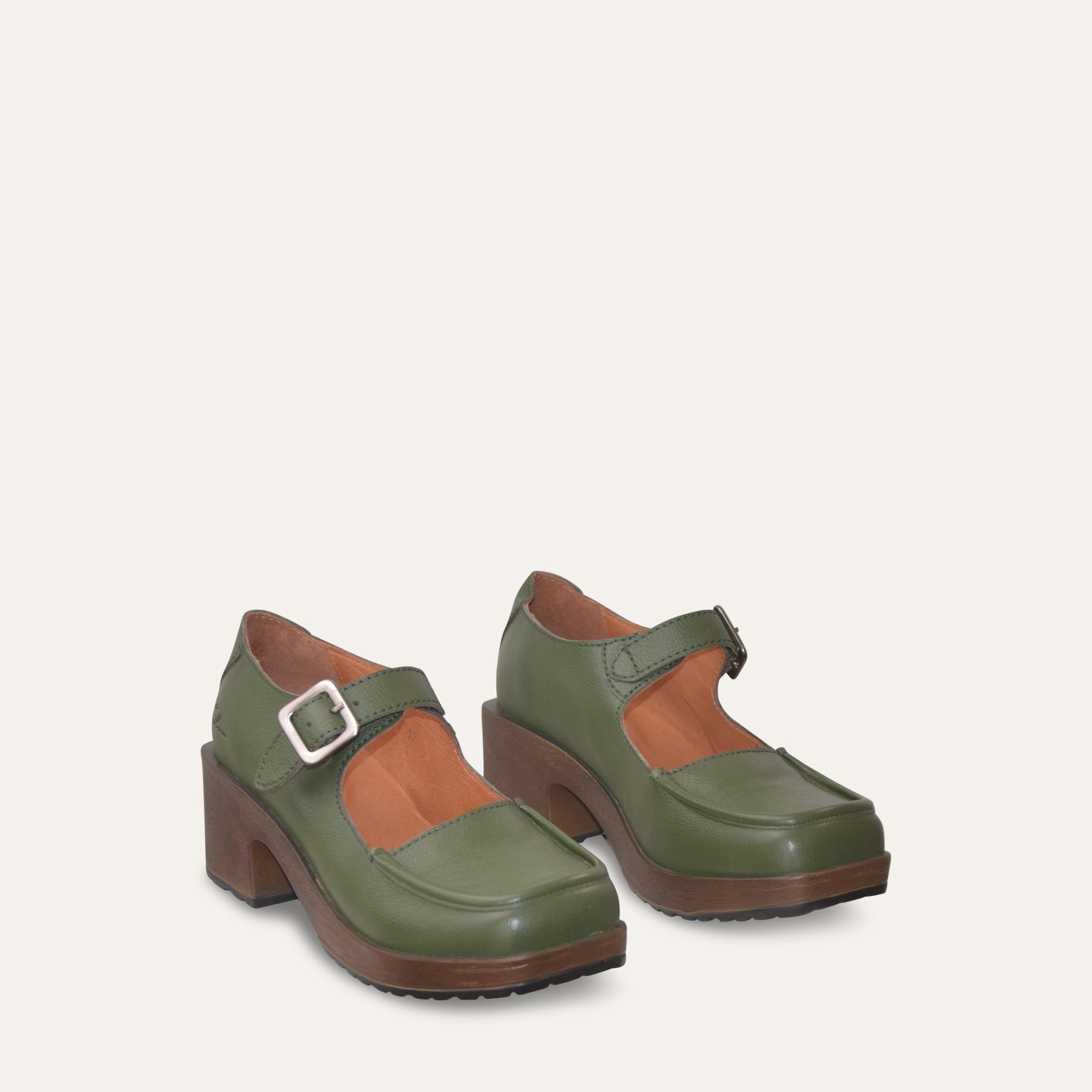 Green and brown Mary Jane shoes with a buckle on a light gray background