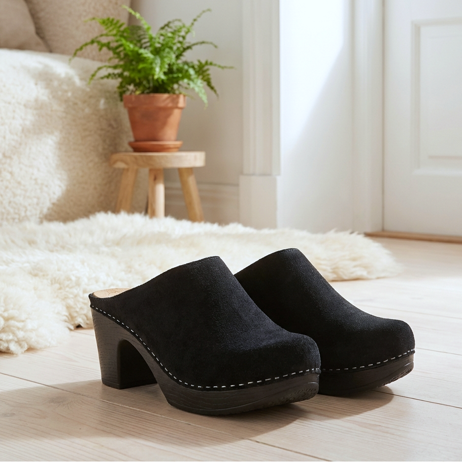 Black clogs on a light wooden floor with a plant and cushioned chair in the background
