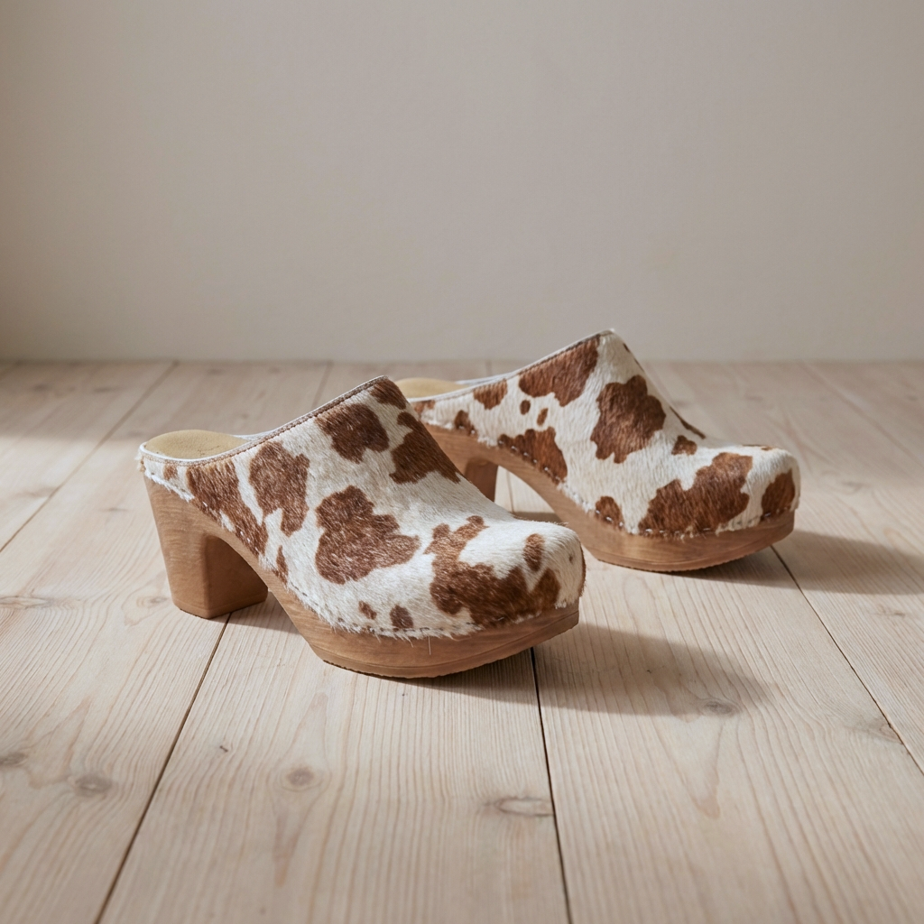Calou Pair of brown and white cow print clogs on a wooden floor.