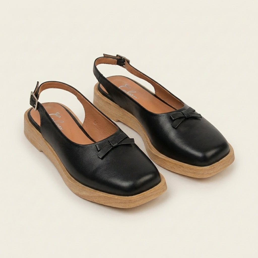 Calou Black leather slingback shoes with flexible woodlike effect soles 