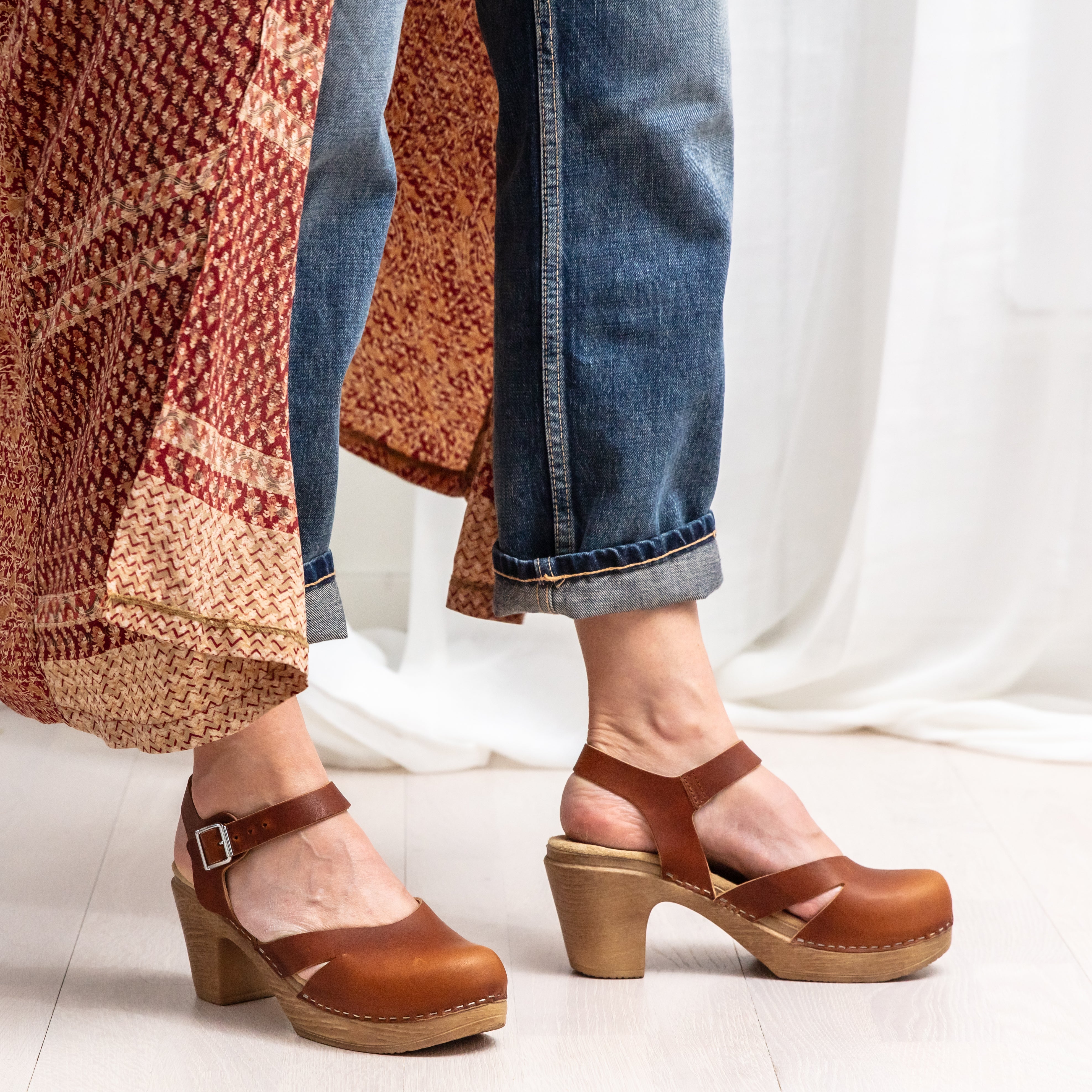 Penny brown leather Maryjane clogs on model calou stockholm