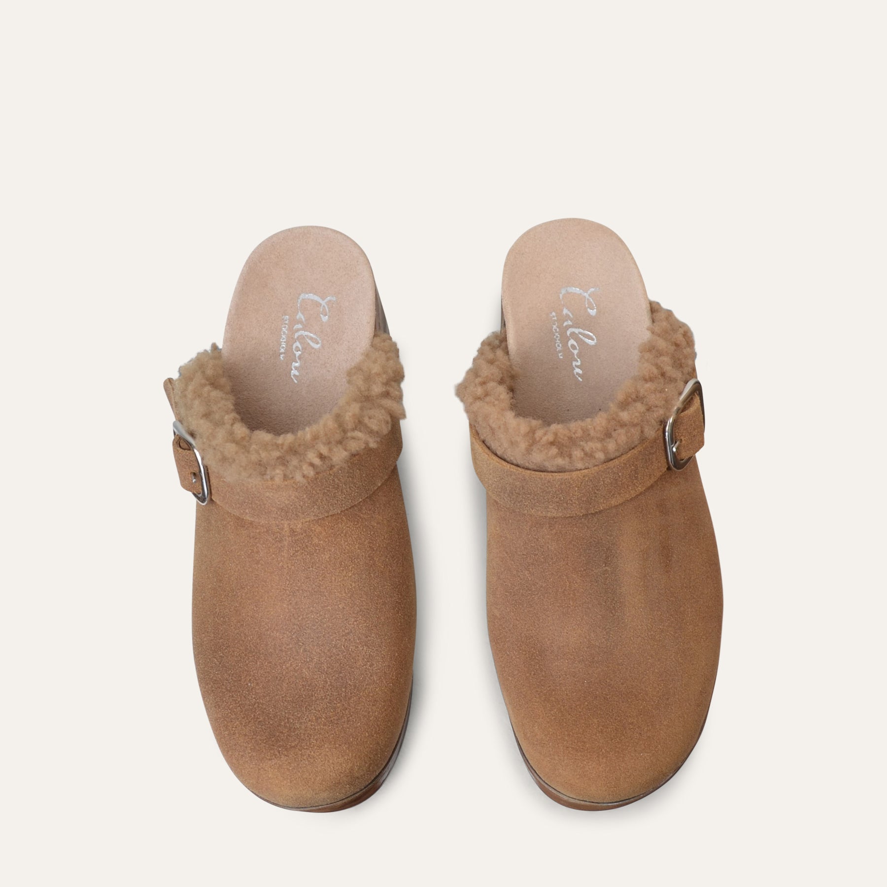 Pair of brown clog shoes with fur trim on a white background