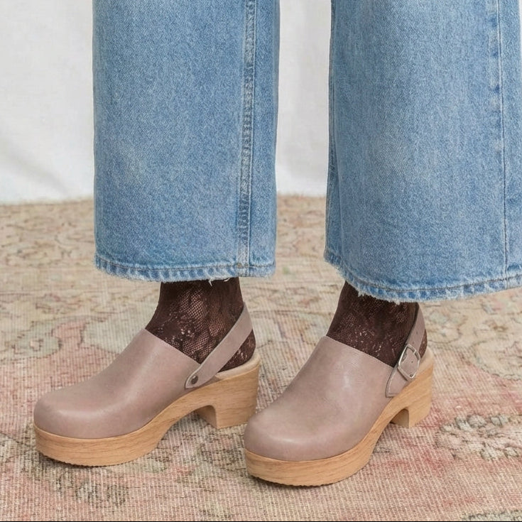 Calou Vera taupe clogs with flexible shock absorbing base on foot