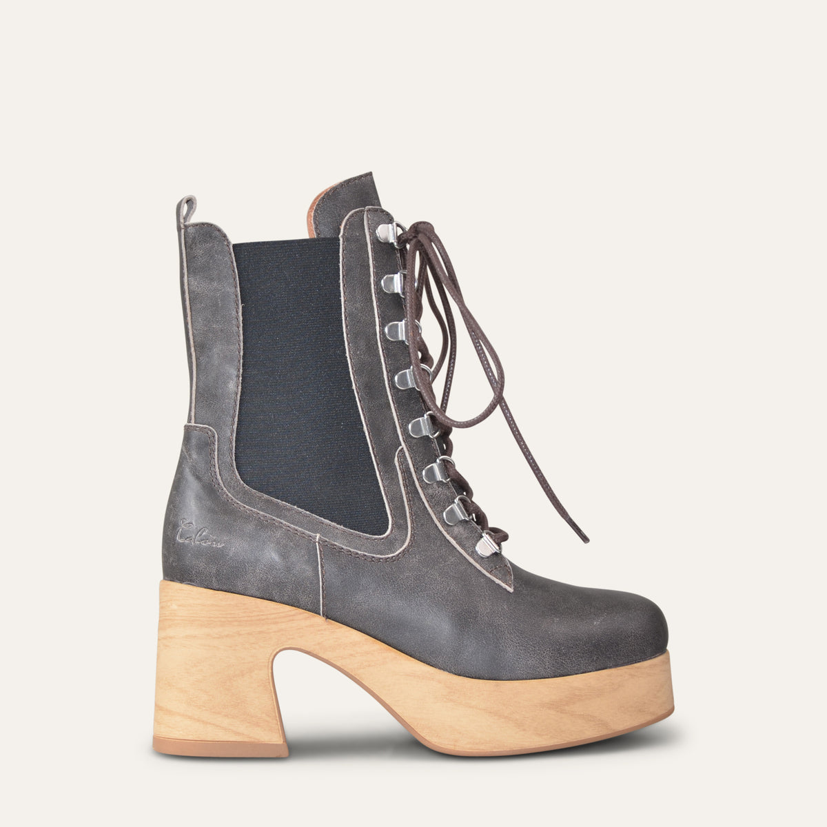 Distressed grey leather Calou Alba lace-up platform boot with elastic side panels and wooden-look heel, side view