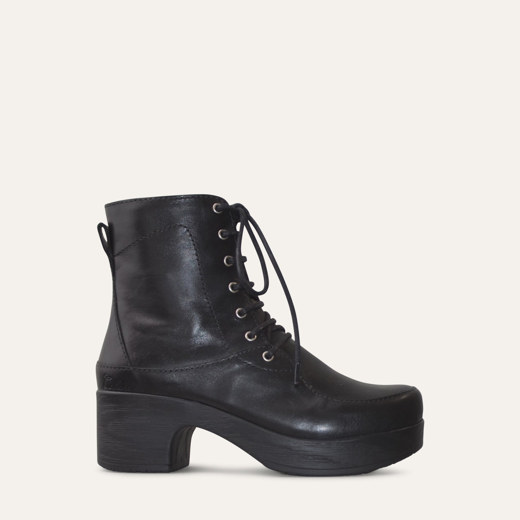 Calou Bodil Black leather lace-up clog boot with a wood-look heel and Calou’s soft, flexible, cushioned sole.