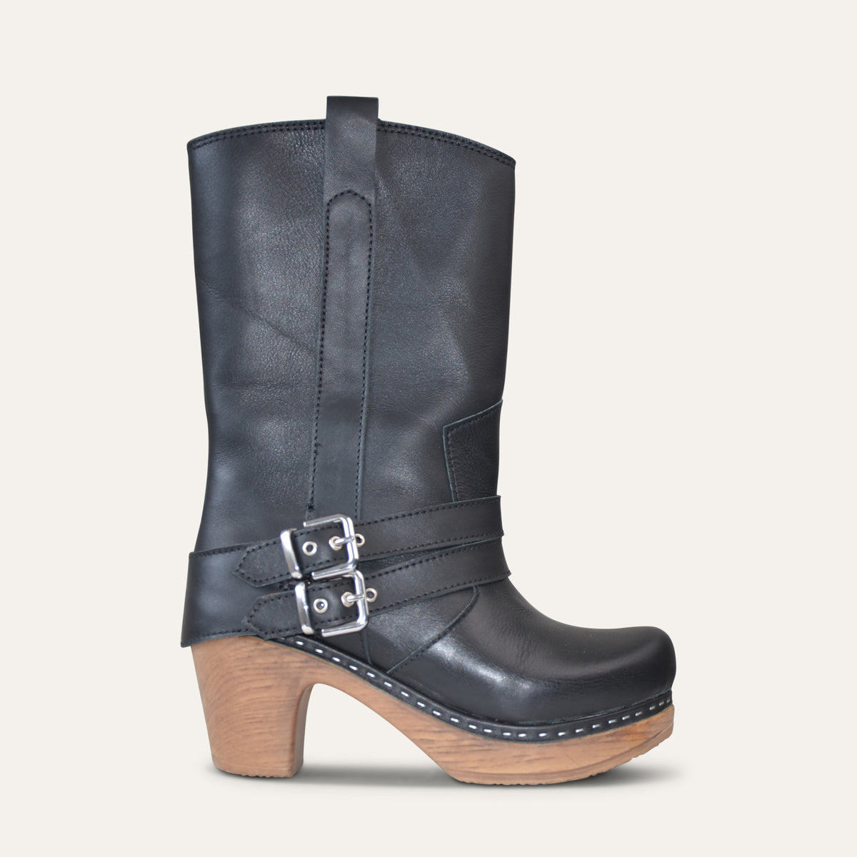 Calou Lou biker clog boot in black leather with double buckle straps and wooden heel, side view