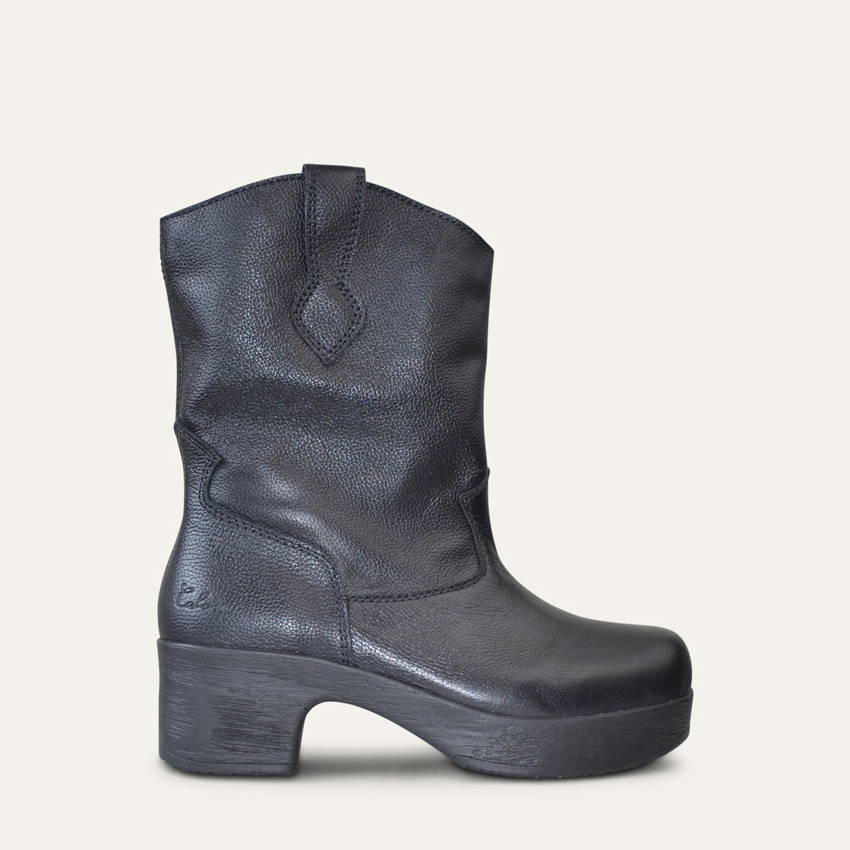 Calou Nash western-style clog boot in black grained leather with wooden-look heel, side view